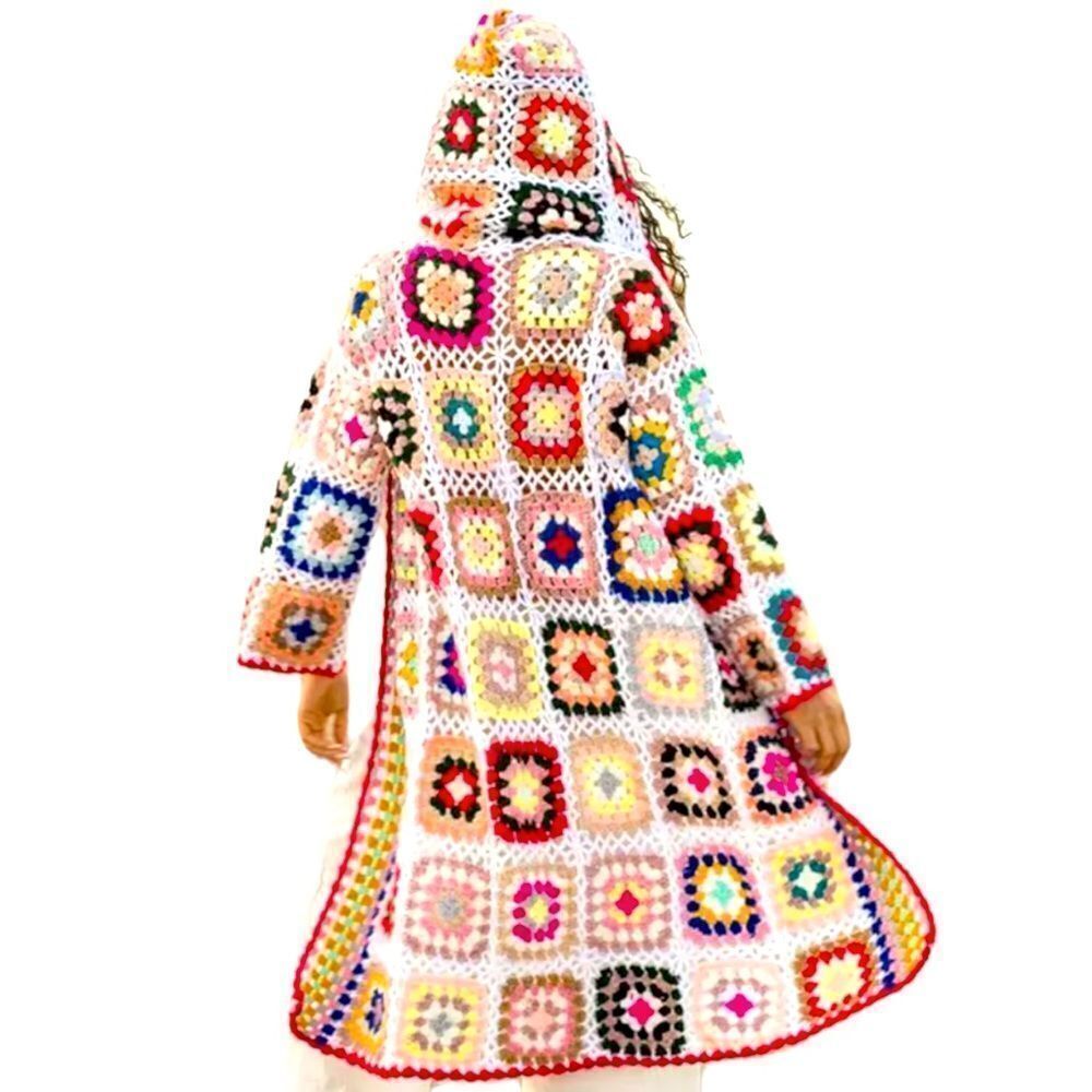 Floral Granny Square Crochet Hooded Cardigan - Boho Festival Maxi Duster NWT - Picture 4 of 5